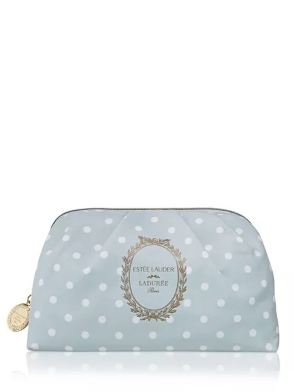Brand New Estée Lauder Light Blue Polka Dot Cosmetic Pouch with Gold Emblem
